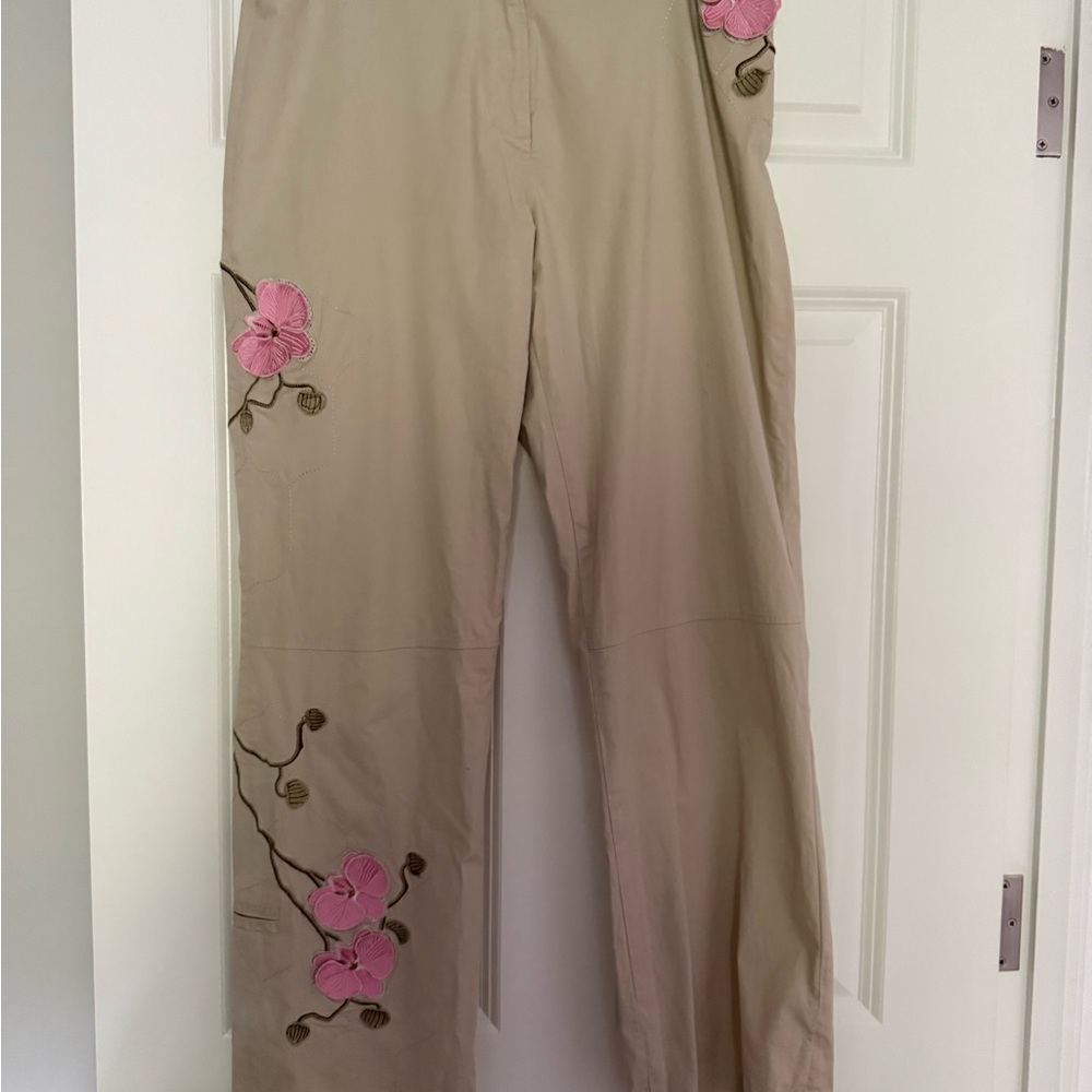 Elliott Lauren Straight Leg Tan and Pink Pants with Artistic Floral Embroidery